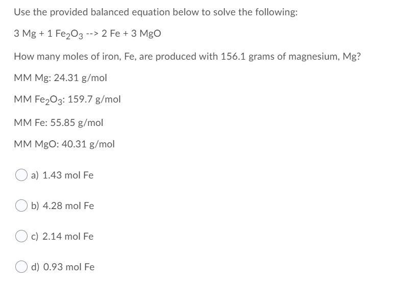 How many moles of iron, Fe, are produced with 156.1 grams of magnesium, Mg?-example-1