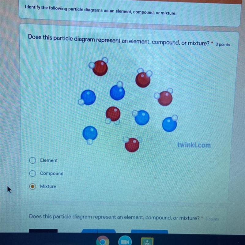 Does this particle diagram represent an element, compound, or mixture?-example-1