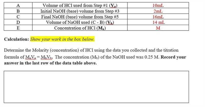 I need help with finding the Concentration of HCL (Ma) the other things I have right-example-1