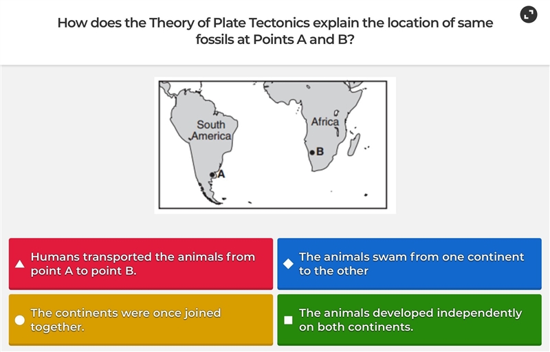 How does the Theory of Plate Tectonics explain the location of same fossils at Points-example-1