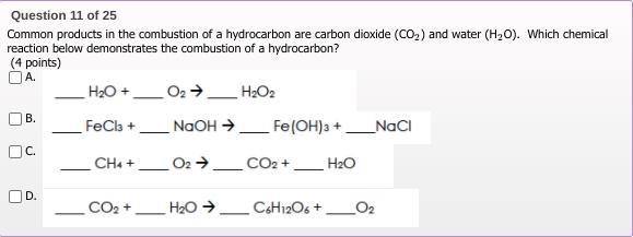 Which chemical reaction below demonstrates the combustion of a hydrocarbon?-example-1