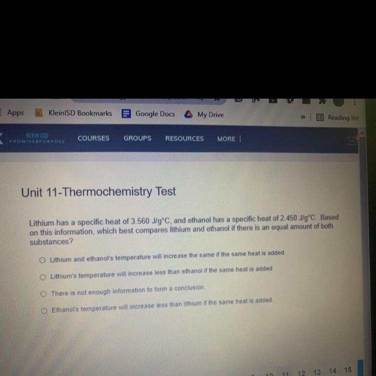 Lithium has a specific heat of 3.560 J/gºC, and ethanol has a specific heat of 2.450 J-example-1