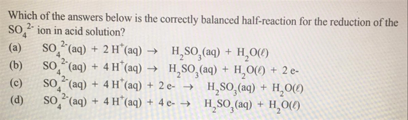 Which of the following answers below is the correctly balanced half-reaction for the-example-1