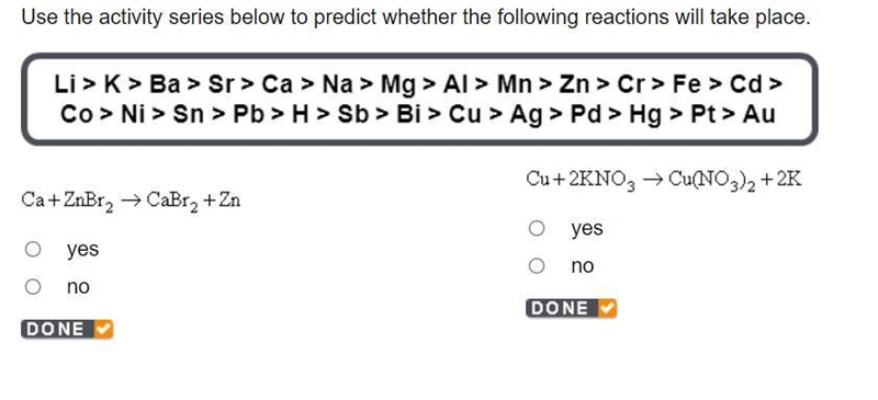 Use the activity series below to predict whether the following reactions will take-example-1