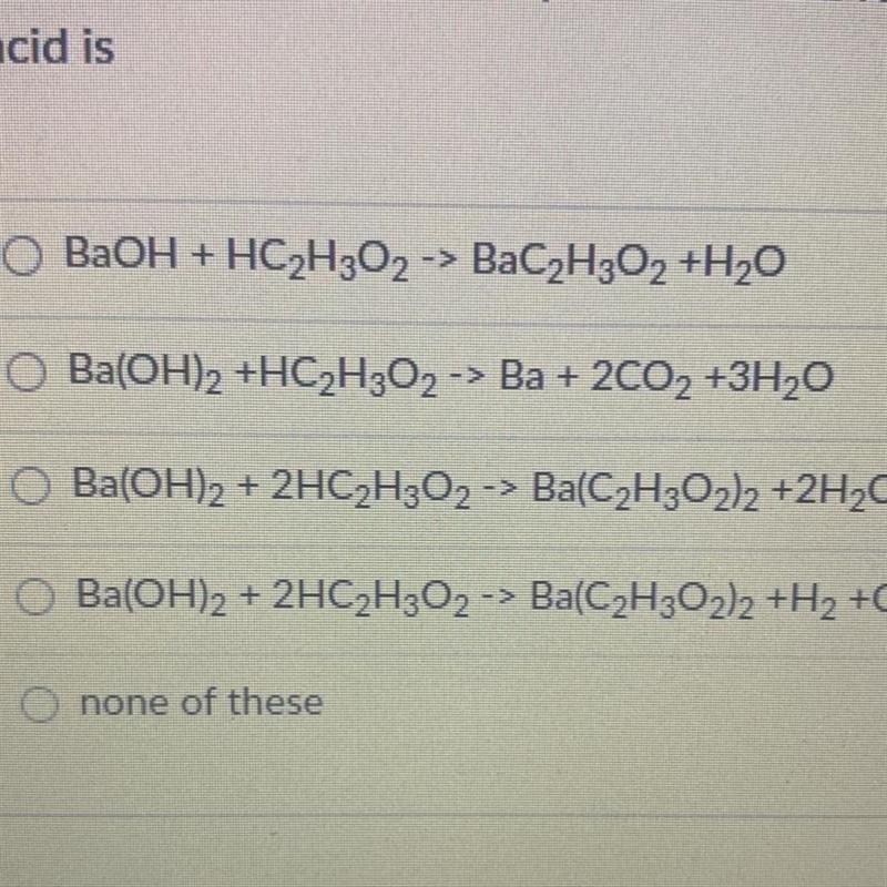 The complete balanced equation for the reaction between barium hydroxide and acetic-example-1