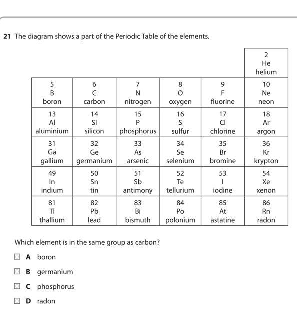 Which element is in the same group as carbon? look at the attached photo-example-1