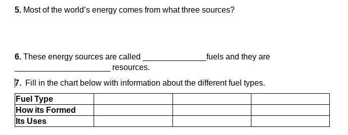 Most of the world’s energy comes from what three sources? These energy sources are-example-1