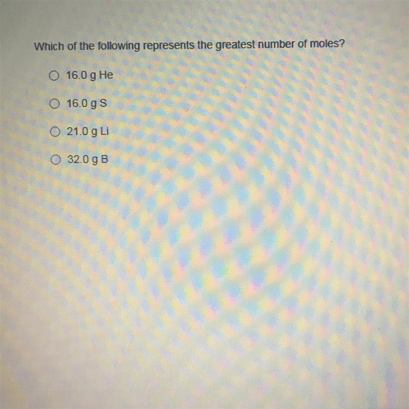 Which of the following represents the greatest number of moles? please help! :)-example-1