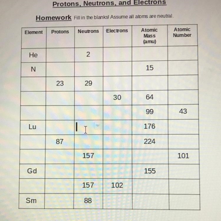 Protons, Neutrons, and Electrons worksheet! please help!!!-example-1