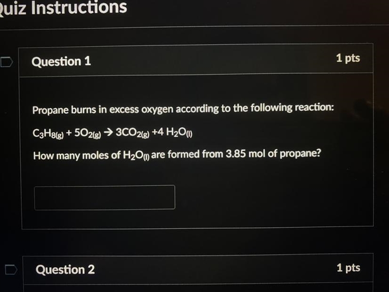 How many moles of H2O(I) are formed from 3.85 mol of propane?-example-1