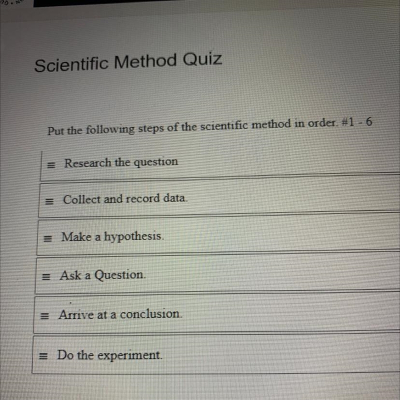 Put the following steps of the scientific method in order. #1 - 6 = Research the question-example-1