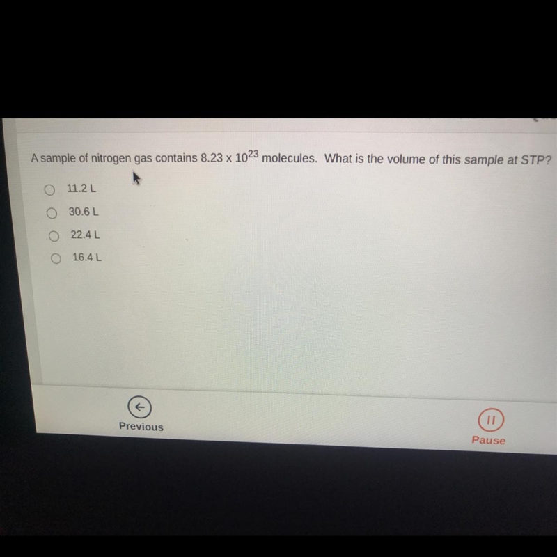 A sample of nitrogen gas contains 8.23 x 10^23 molecules. What is the volume of this-example-1