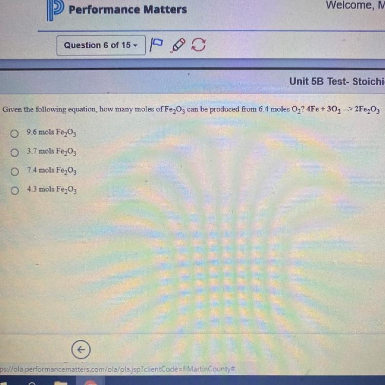 Given the following equation, how many moles of Fe2O3 can be produced from 6.4 moles-example-1