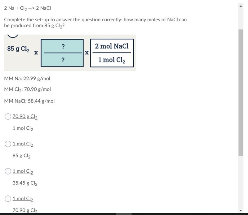 Complete the set-up to answer the question correctly: how many moles of NaCl can be-example-1