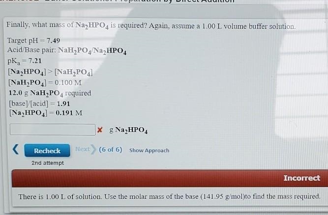 Finally, what mass of Na2HPO4 is required? Again, assume a 1.00 L volume buffer solution-example-1