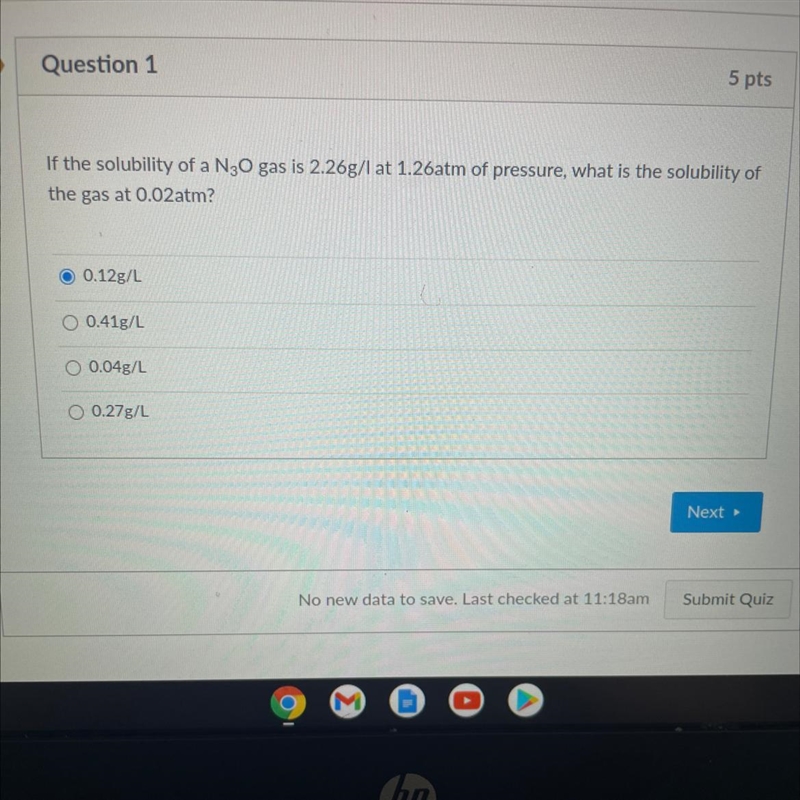 If the solubility of a N30 gas is 2.26g/l at 1.26atm of pressure, what is the solubility-example-1