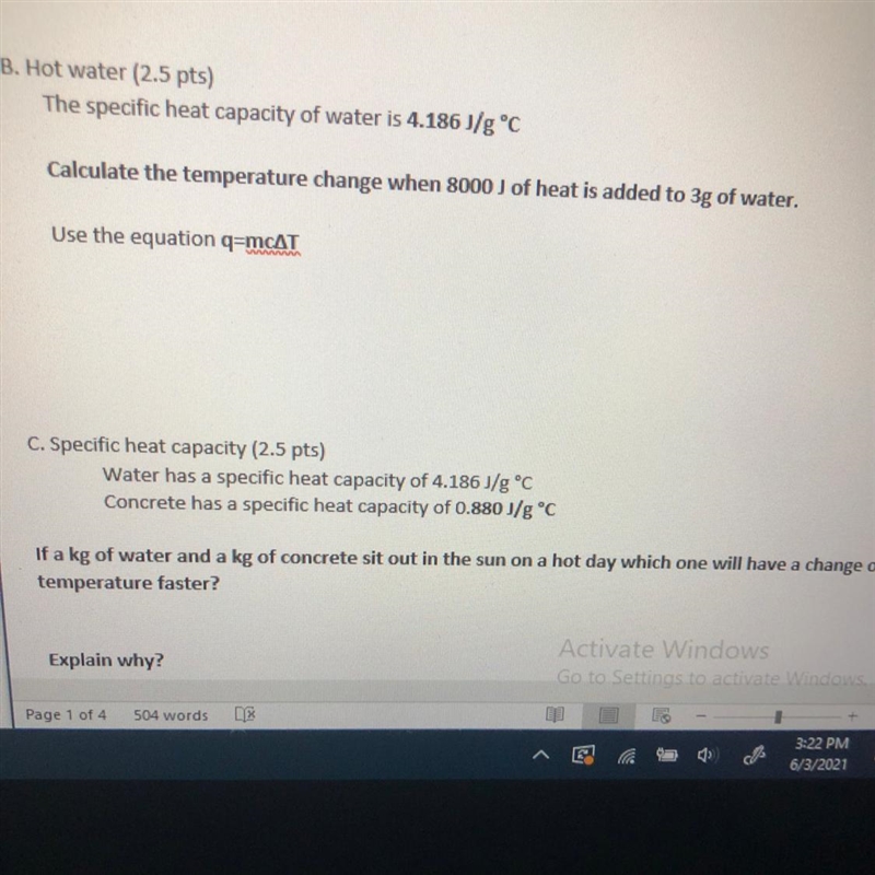 The specific heat capacity of water is 4.186 J/g °C Calculate the temperature change-example-1