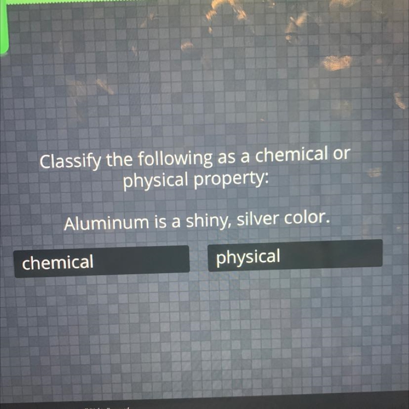 Classify the following as a chemical or physical property: Aluminum is a shiny, silver-example-1