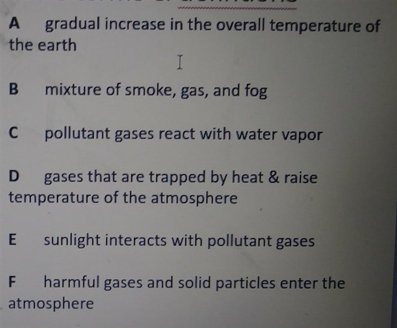 Air Pollution Quiz - Match the terms e defintions 1) Air pollution 2) Acid rain 3) Smog-example-1