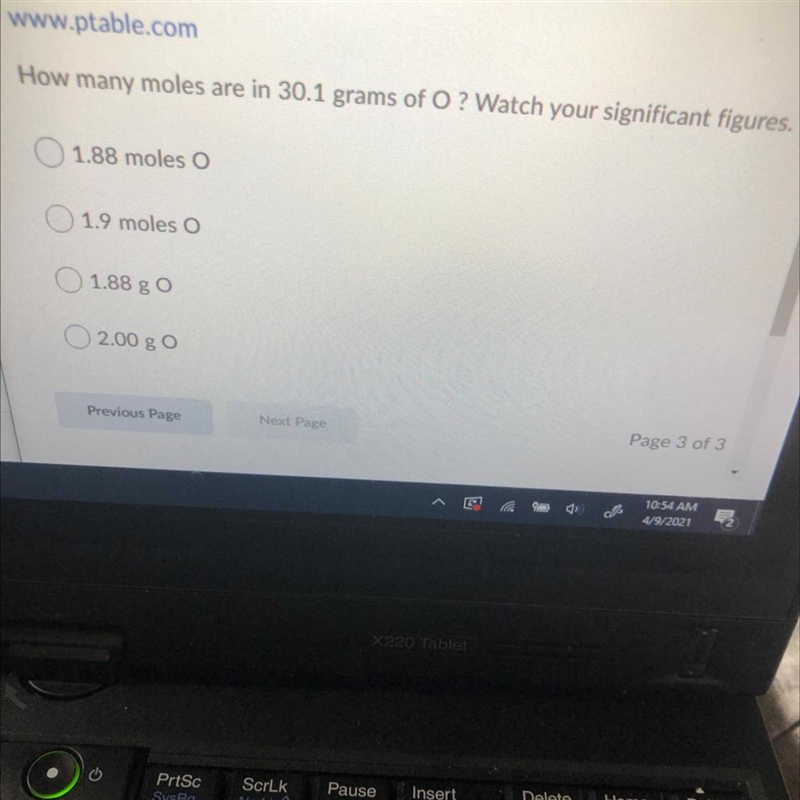 How many moles are in 30.1 grams of O ? Watch your significant figures. et 1.88 moles-example-1