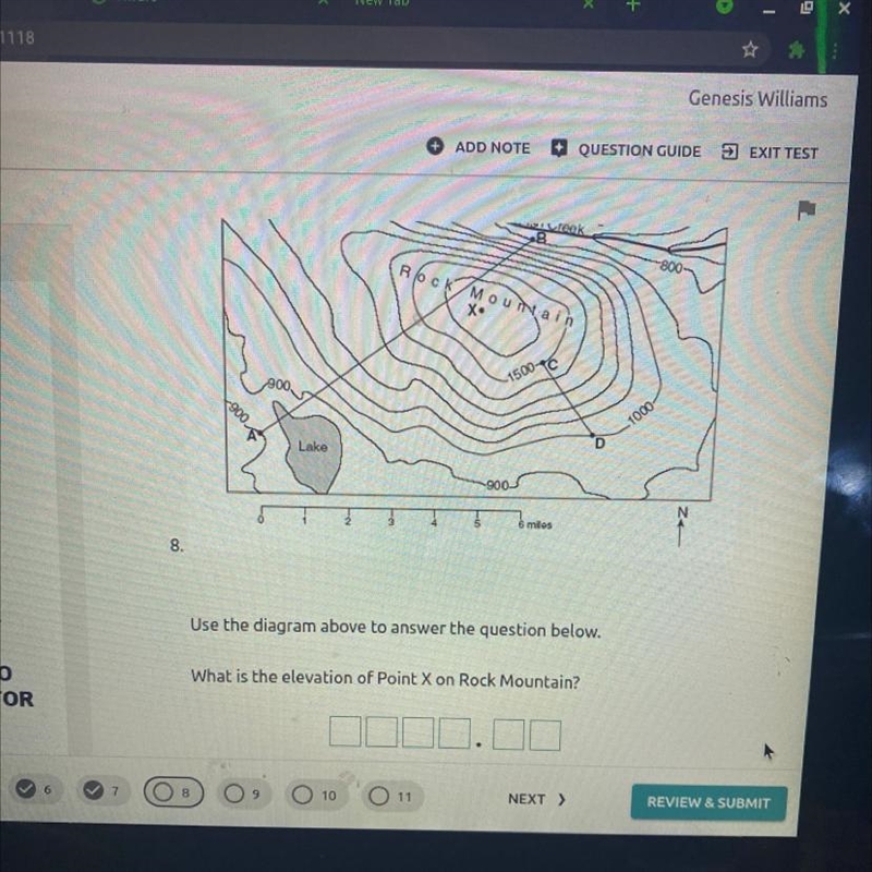 What is the elevation of point x on rock mountain ( Ik it's blury but please help-example-1