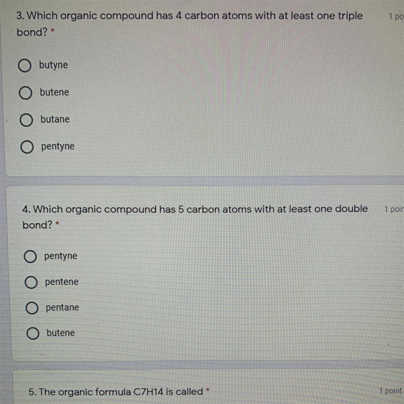 4.) which organic compound has five carbon atom with at least one double bond? O pentyne-example-1