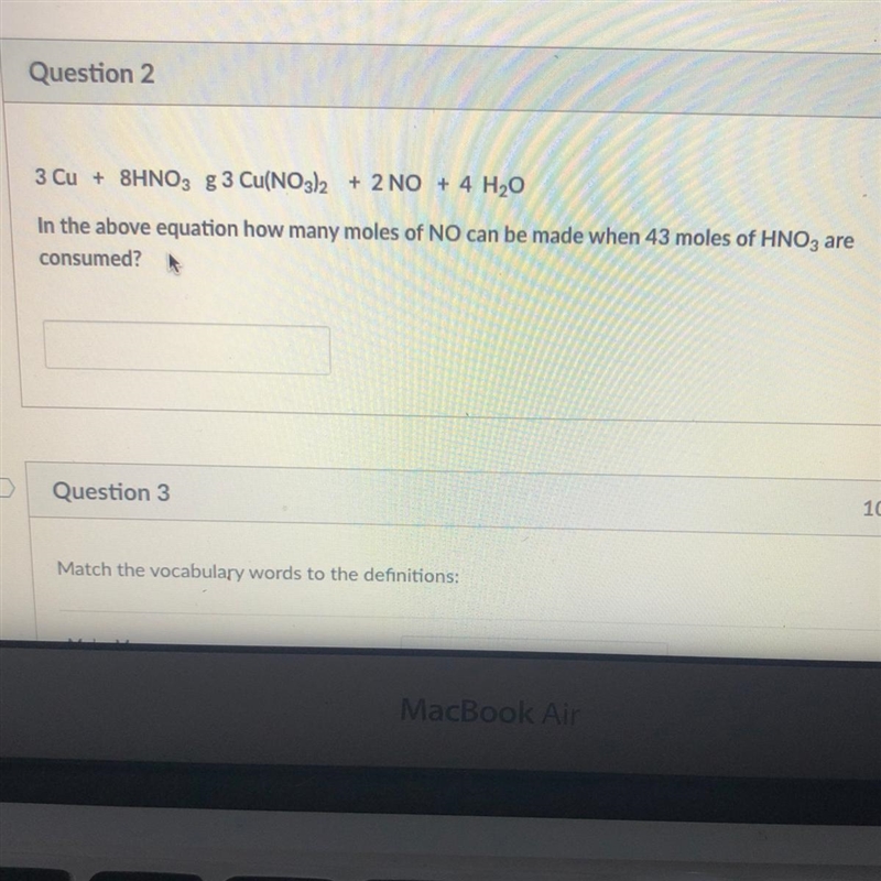 In the above equation how many moles of NO can be made when 43 moles of HNO3 are consumed-example-1