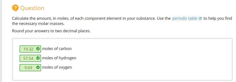 Calculate the amount, in moles, of each component element in your substance. Use the-example-1