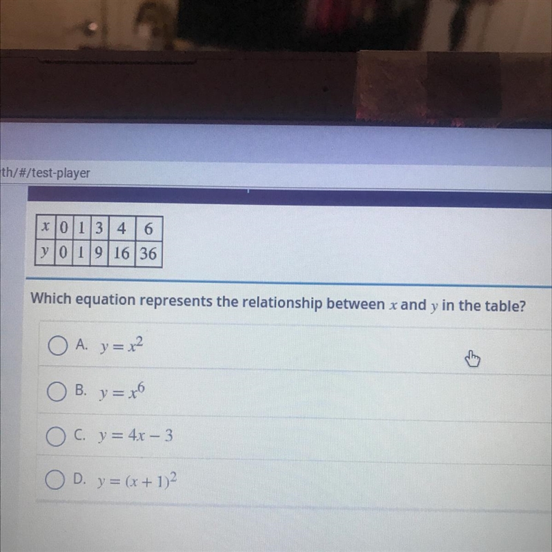 X0 134 6 y019 16 36 Which equation represents the relationship between x and y in-example-1