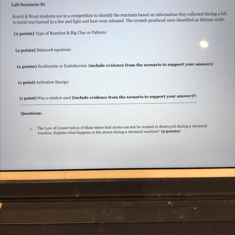 Lab Scenario D: Kostal & Stout students are in a competition to identify the reactants-example-1