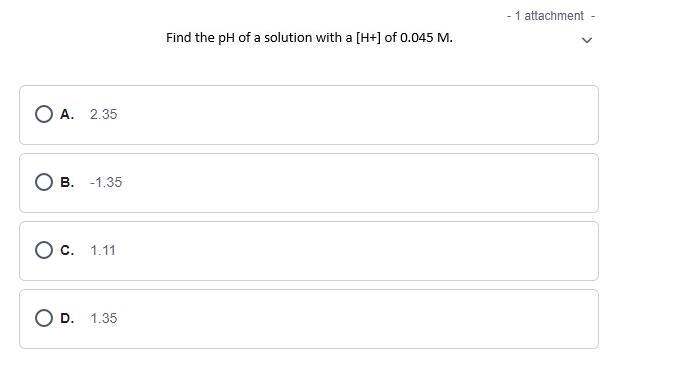 Find the pH of a solution with a [H+] of 0.045M.-example-1