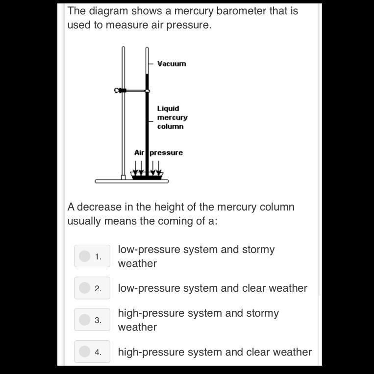 A decrease in the height of the mercury column usually means the coming of a.-example-1