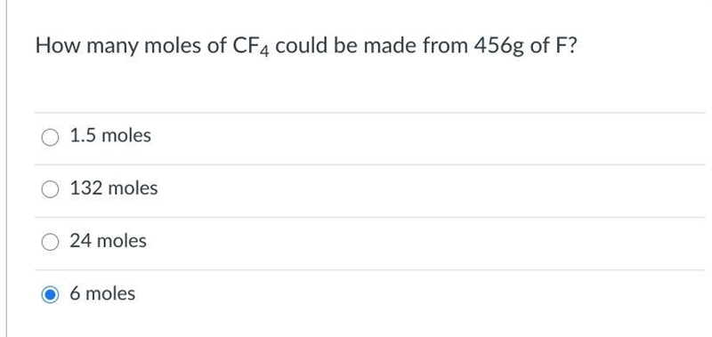 How many moles of CF4 could be made from 456g of F?-example-1