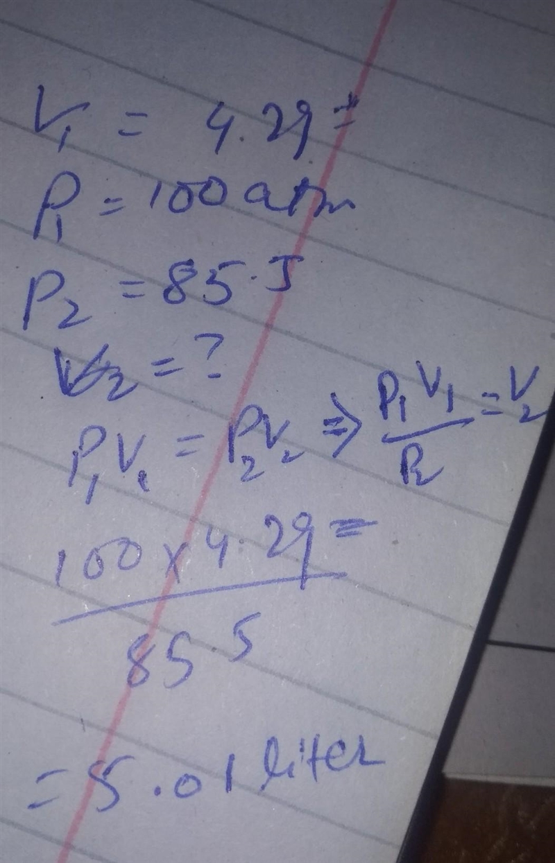 A balloon has a volume of 4.29 liters at a pressure of 100.0atm. If the pressure of-example-1