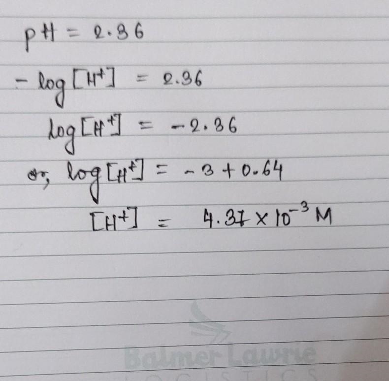 What is the concentration of hydrogen ions in a solution with a pH of 2.36? Question-example-1