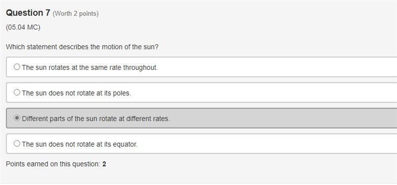 Which statement describes the motion of the sun? The sun rotates at the same rate-example-1