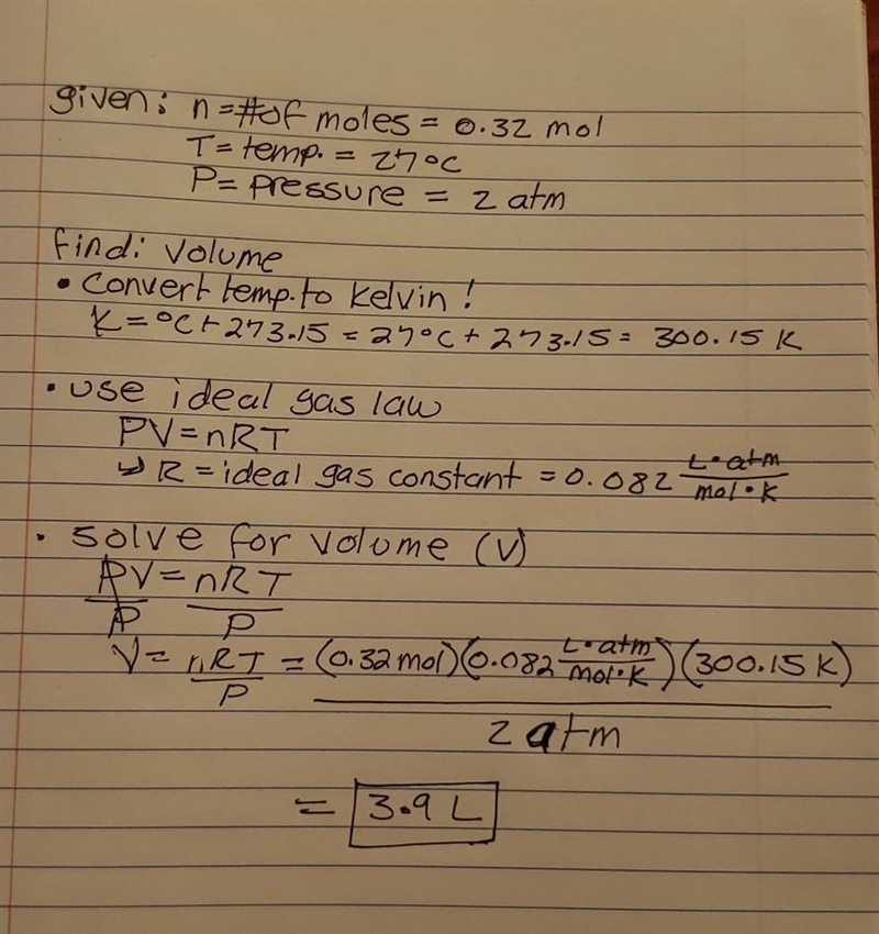 0.32 moles of oxygen gas has a temperature of 27°C and pressure of 2 atm in a closed-example-1