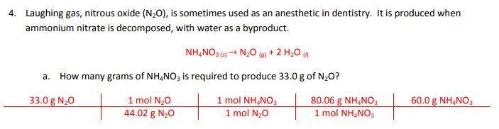 NH4NO3->N2O+2H2O How many grams of NH4NO3 are required to produce 33.0 games of-example-1