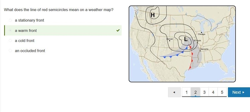 What does the line of red semicircles mean on a weather map? a warm front a cold front-example-1