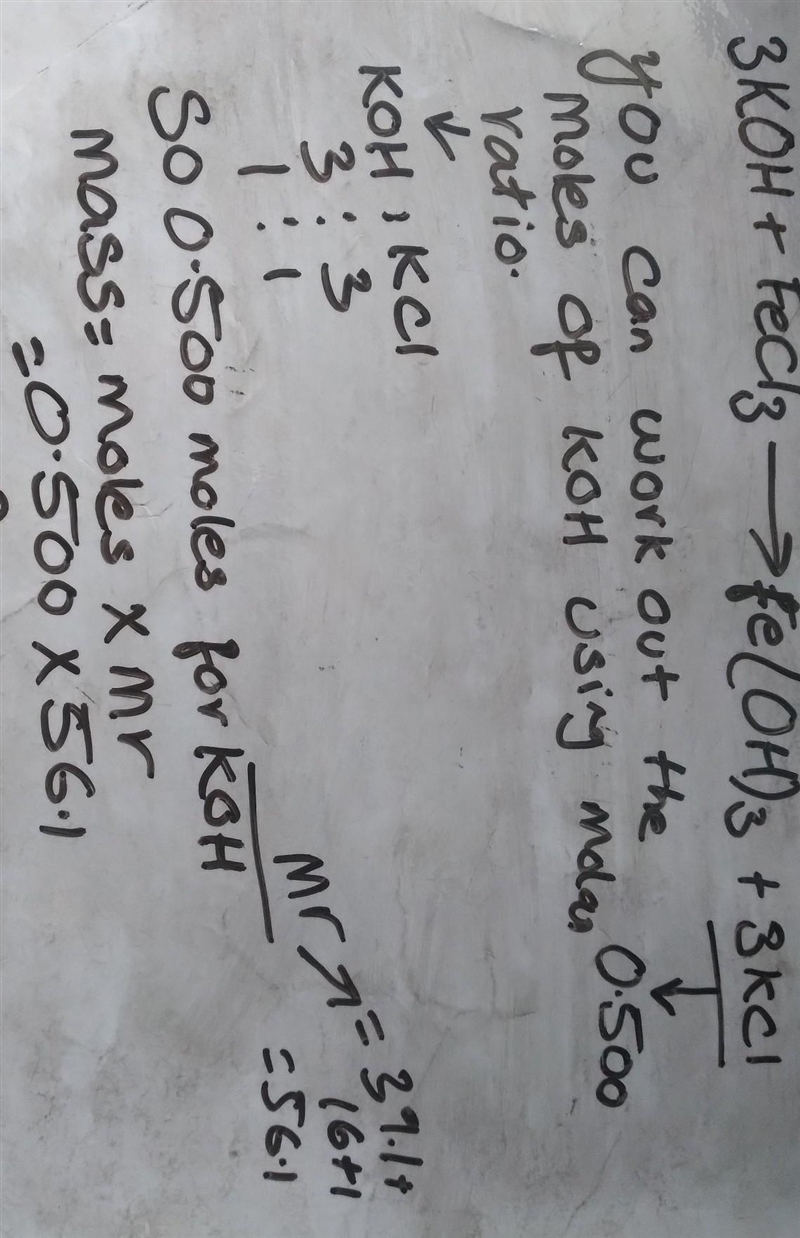 I would appreciate some help please ᕕ( ᐛ )ᕗ 3KOH + FeCl3 → Fe(OH)3 + 3KCl How many-example-1