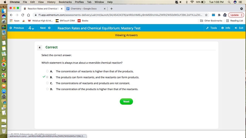 Select the correct answer. Which statement is always true about a reversible chemical-example-1