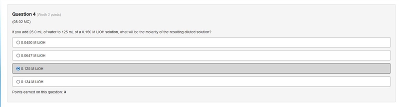 If you add 25.0 mL of water to 125 mL of a 0.150 M LiOH solution, what will be the-example-1