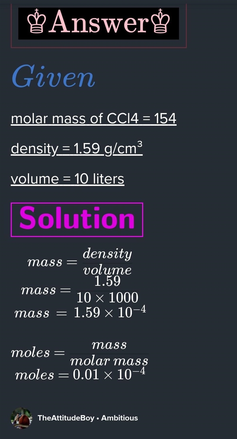 10 liters of liquid CCl4 has density of 1.59 g/cm3. What is the mole of CCl4?-example-1