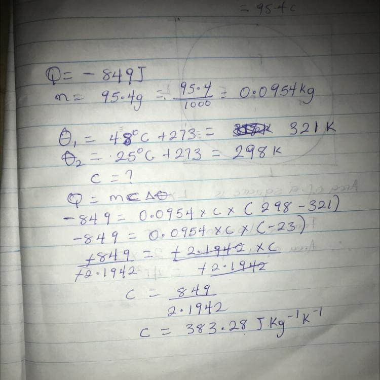 The temperature of a 95.4 g piece of copper decreases from 48°C to 25°C when the copper-example-1