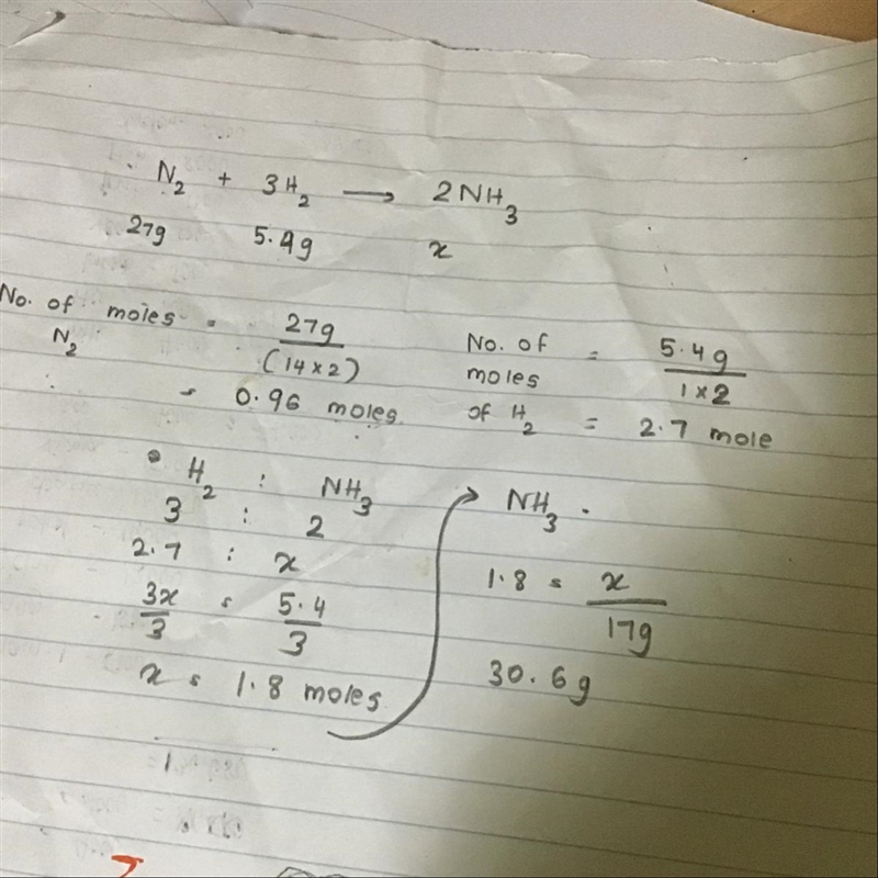 If 27g of N2 reacts with 5.4g of H2, how much NH3 will be produced?-example-1