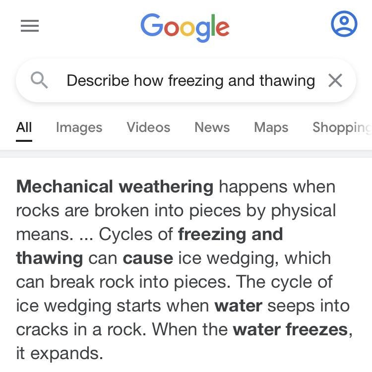 Describe how freezing and thawing of water causes mechanical weathering. need this-example-1