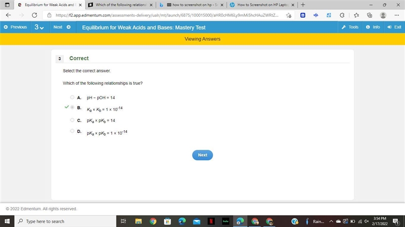 Which of the following relationships is true? A. pH − pOH = 14 B. Ka × Kb = 1 × 10-14 C-example-1