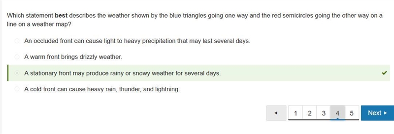 Which statement best describes the weather shown by the blue triangles going one way-example-1