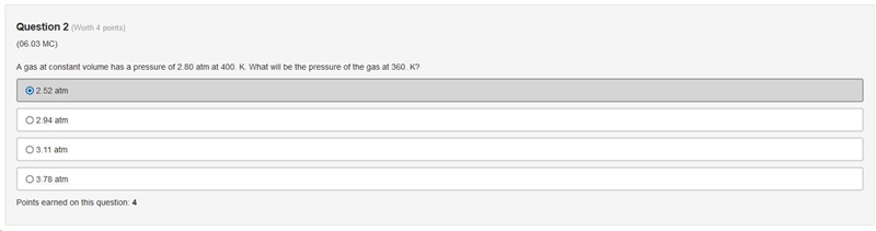 A gas at constant volume has a pressure of 2.80 atm at 400. K. What will be the pressure-example-1