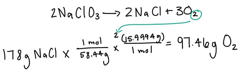 Given the following equation: 2NaClO3 --> 2NaCl + 3O2 If 178 g of NaCl are produced-example-1